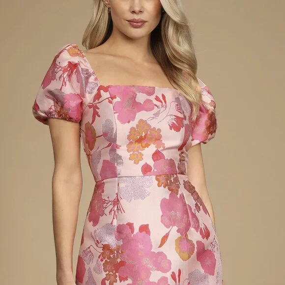 NWT Lulus So Stunning Orange Multi Floral Jacquard Puff Sleeve Mini Dress - Picture 3 of 12